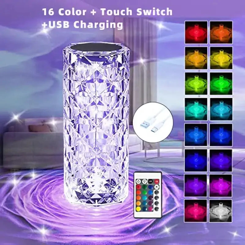 Diamond Rose Crystal Lamp – 16 Color LED Touch & Remote Control Table Lamp