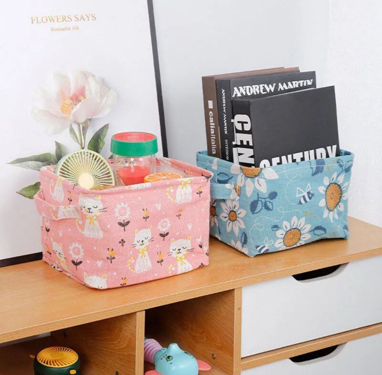 Foldable Desktop Storage Basket | Waterproof Cotton Linen Organizer | Mini Square with Handles