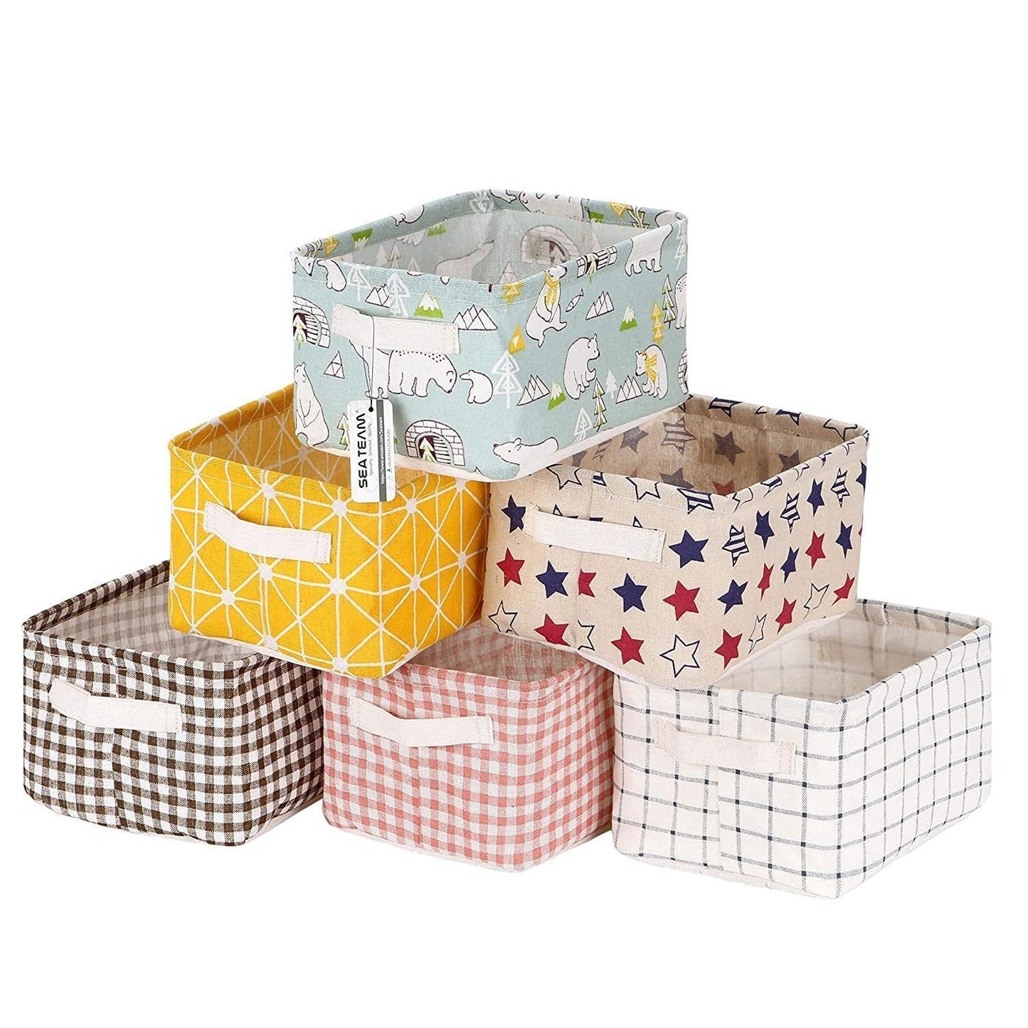 Foldable Desktop Storage Basket | Waterproof Cotton Linen Organizer | Mini Square with Handles
