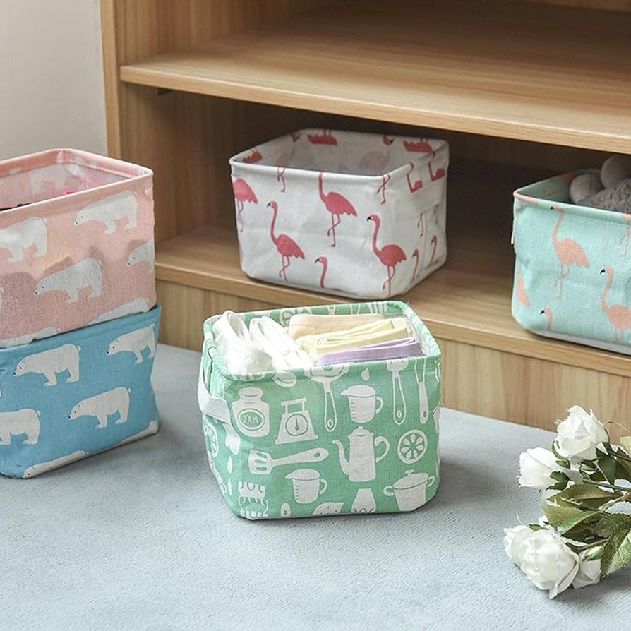 Foldable Desktop Storage Basket | Waterproof Cotton Linen Organizer | Mini Square with Handles