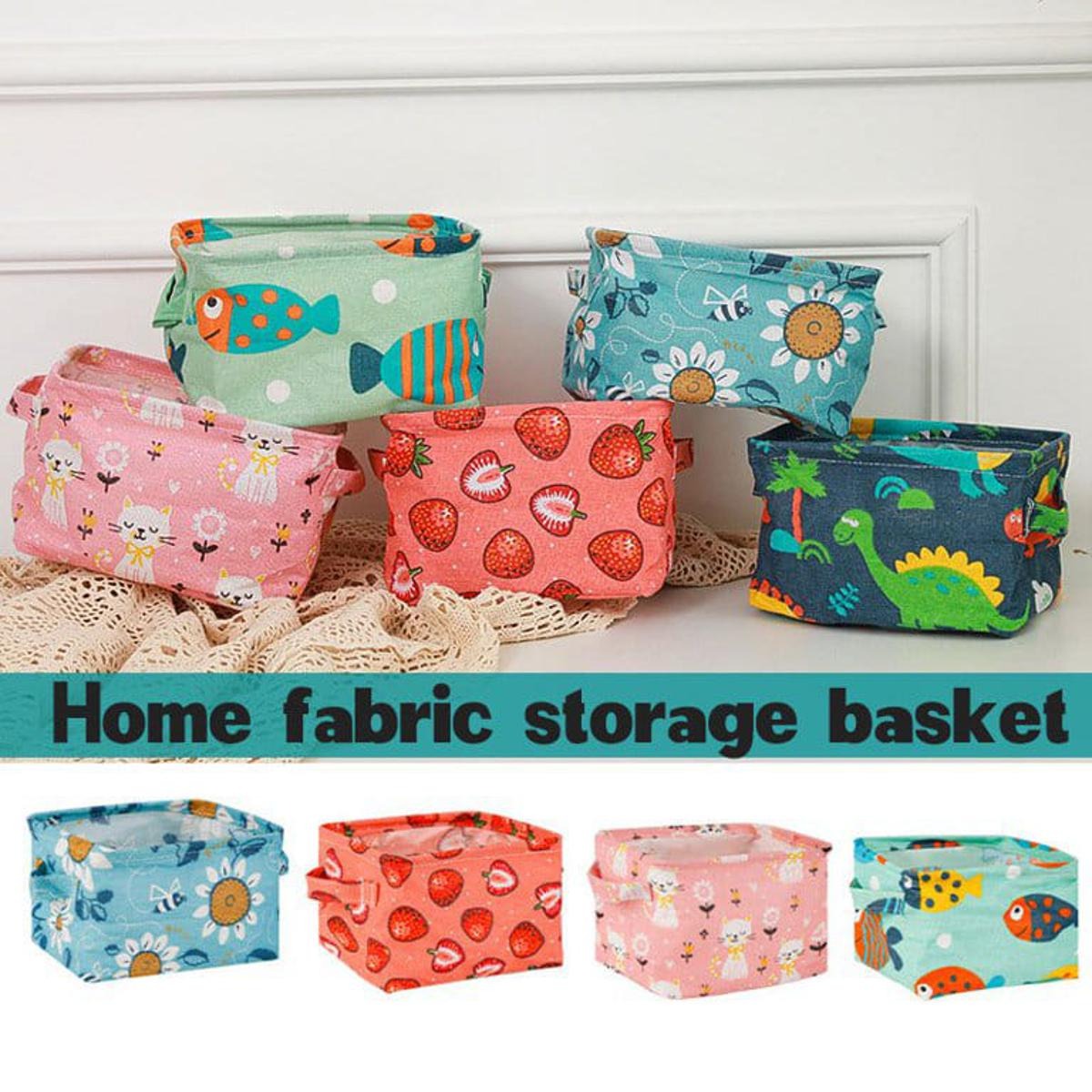 Foldable Desktop Storage Basket | Waterproof Cotton Linen Organizer | Mini Square with Handles