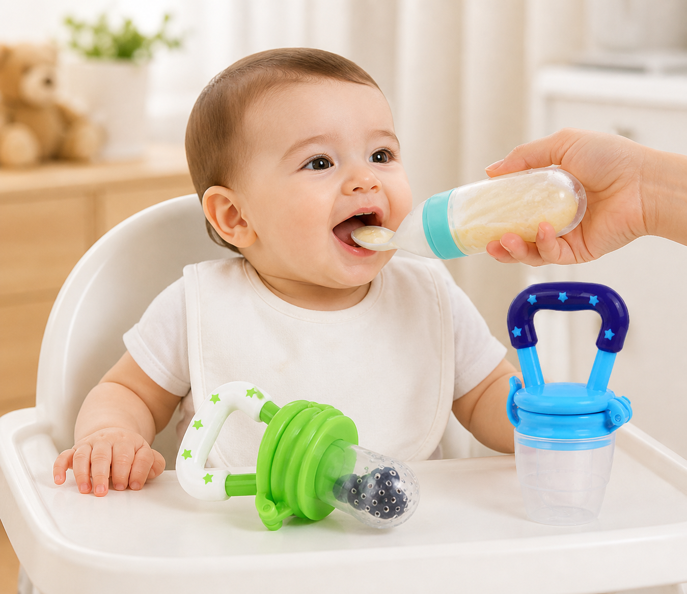 Baby Feeding Combo Set – Silicone Spoon Feeder Bottle + Fruit Feeder Pacifier (BPA Free)