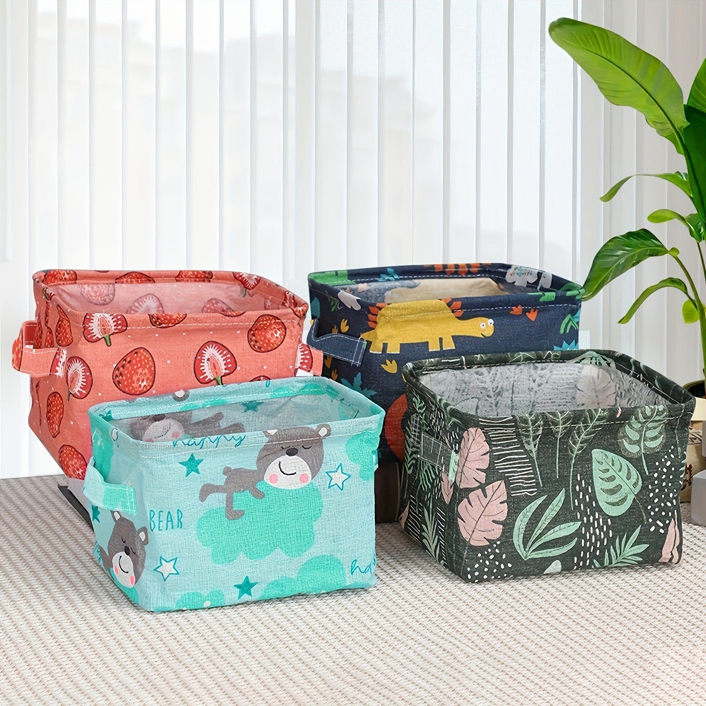 Foldable Desktop Storage Basket | Waterproof Cotton Linen Organizer | Mini Square with Handles